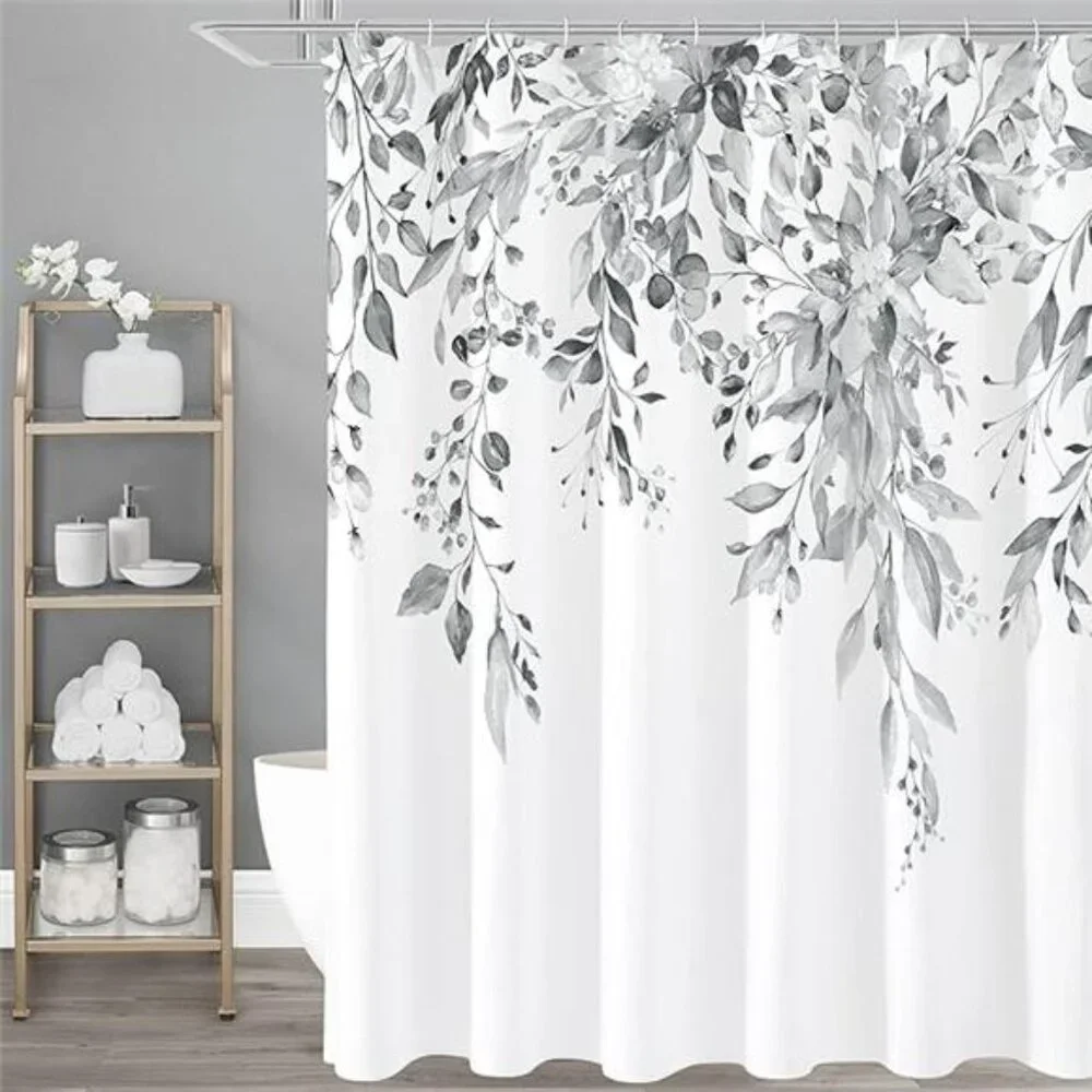 Grey Eucalyptus Shower Curtain, Watercolor Plant Leaves with Floral Bathroom